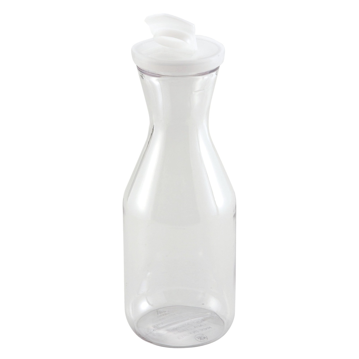 Winco PDT-15 clear polycarbonate decanter with white flip-top lid