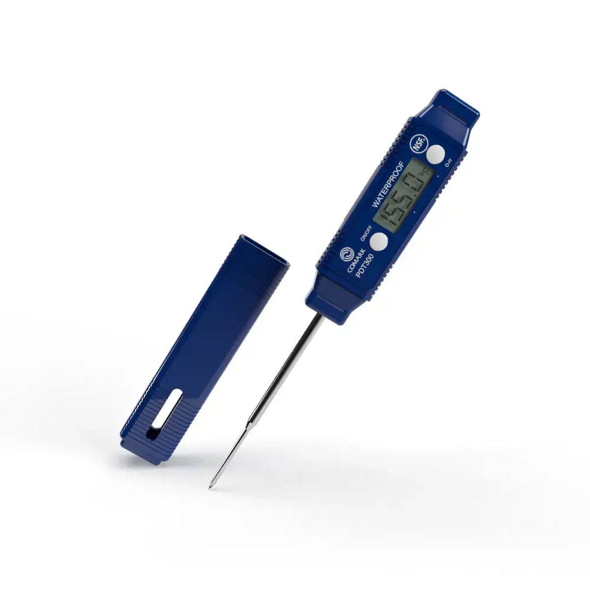 Comark PDT300 blue waterproof pocket digital thermometer with protective storage sheath and thin-tip stainless steel probe