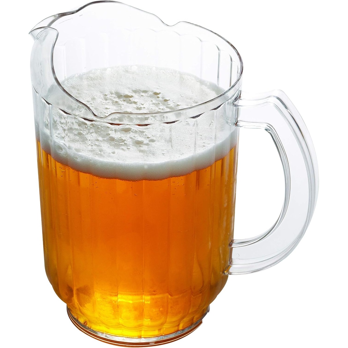 Cambro PE600CW135 clear polycarbonate pitcher filled with frothy beer showing contoured pouring lip