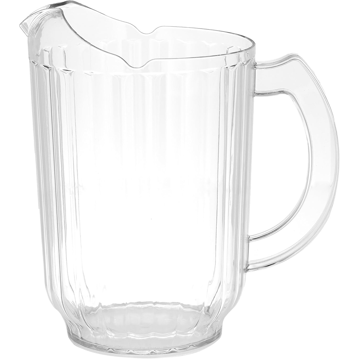 Cambro PE600CW135 clear 60 oz polycarbonate pitcher, empty, showing contoured lip and handle