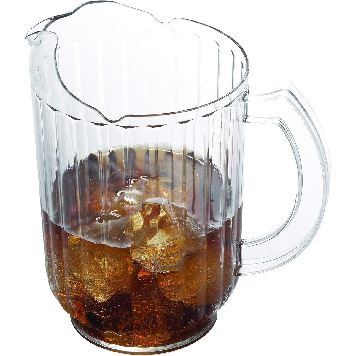 Cambro PE600CW135 clear polycarbonate pitcher filled with iced cola and ice cubes showing broad base