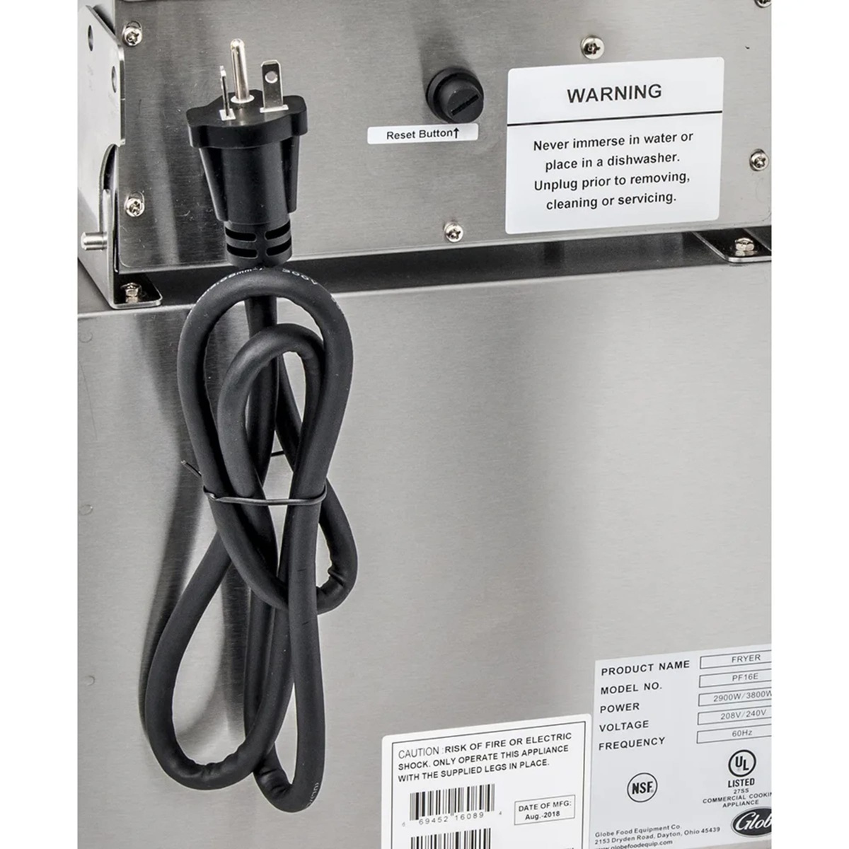 Globe PF16E fryer data plate showing model PF16E and electrical information