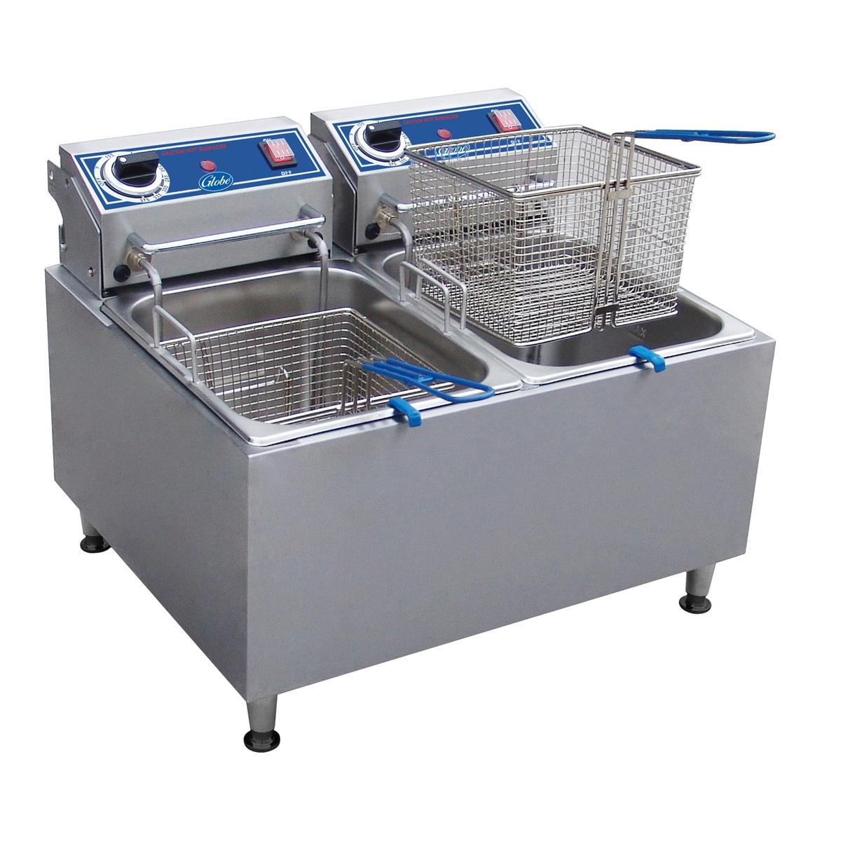 Globe PF32E electric countertop fryer with dual tanks and fry baskets