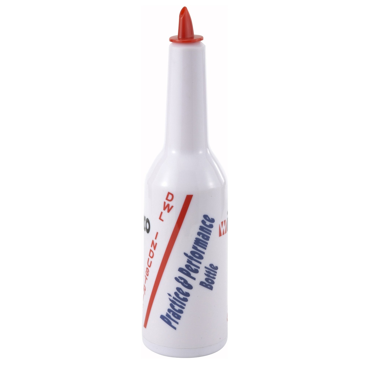 Winco PFBT-11W white plastic flair practice and performance bottle with red pour spout