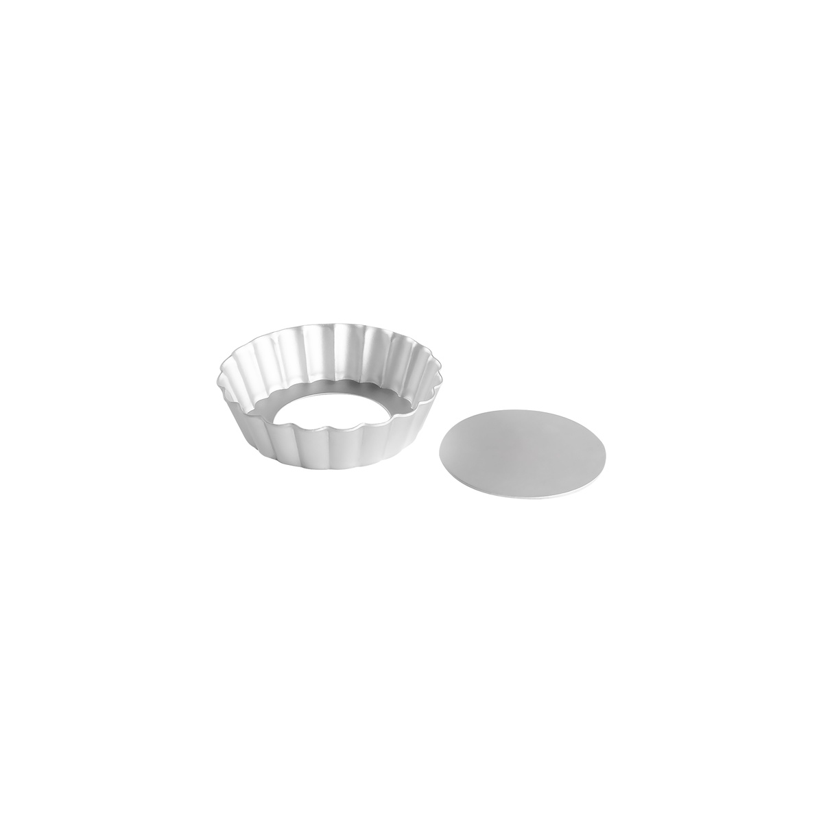 Fat Daddios PFT-102 small fluted tart pan ring and removable bottom disc placed side by side