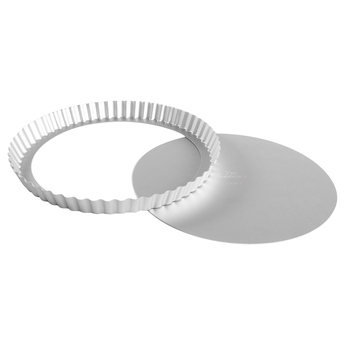 Fat Daddios PFT-102 fluted tart pan ring and removable bottom disc shown separated from overhead angle