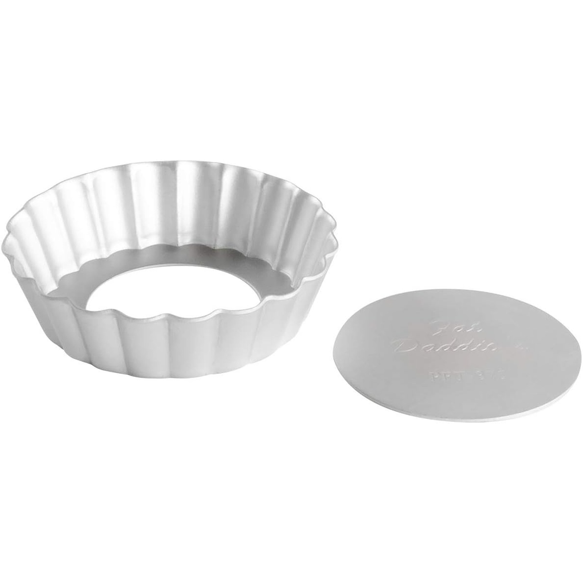Fat Daddio's PFT-375 fluted tartlet pan with removable bottom disc separated beside the ring