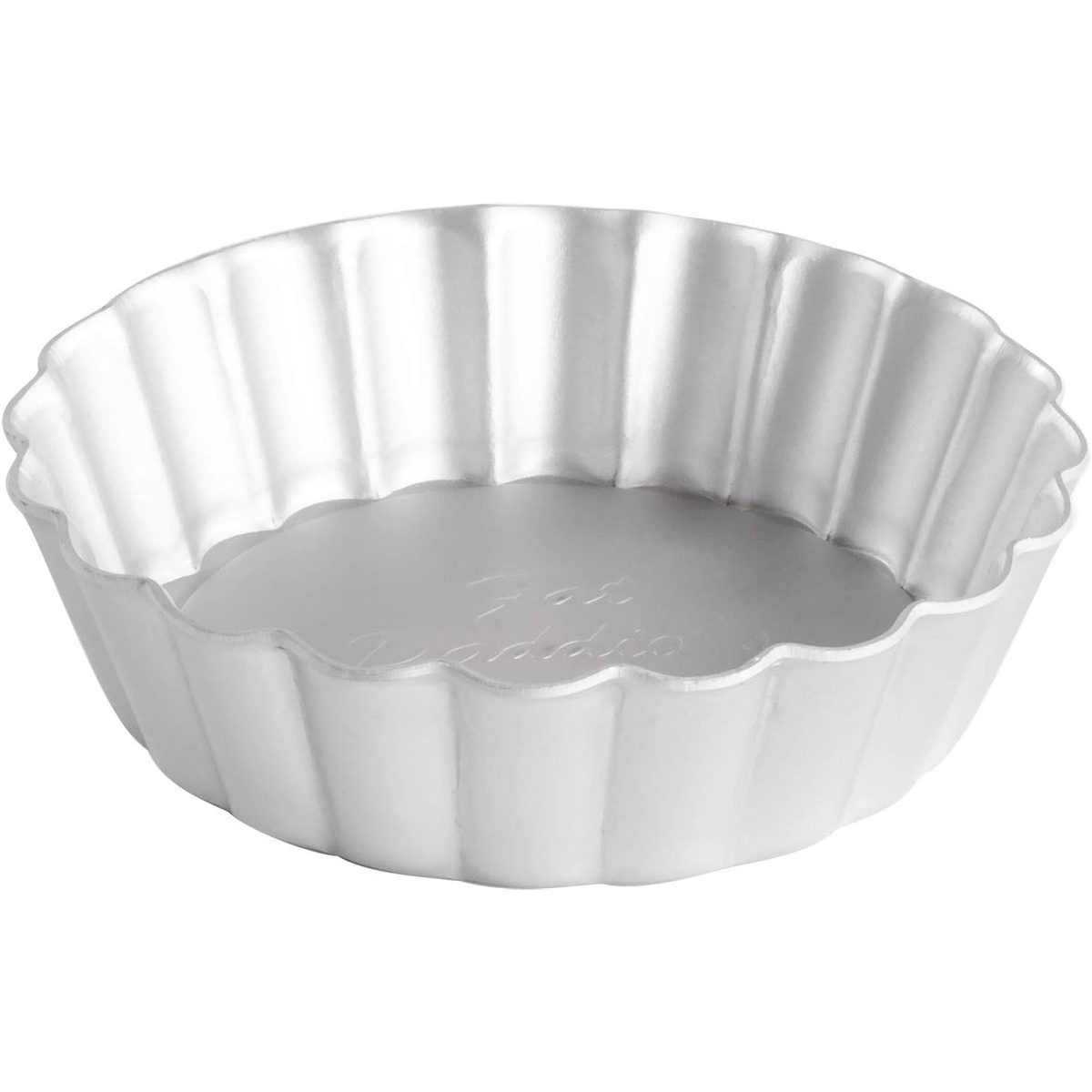 Fat Daddio's PFT-375 round fluted tartlet pan assembled, top-angle view showing fluted sides and interior