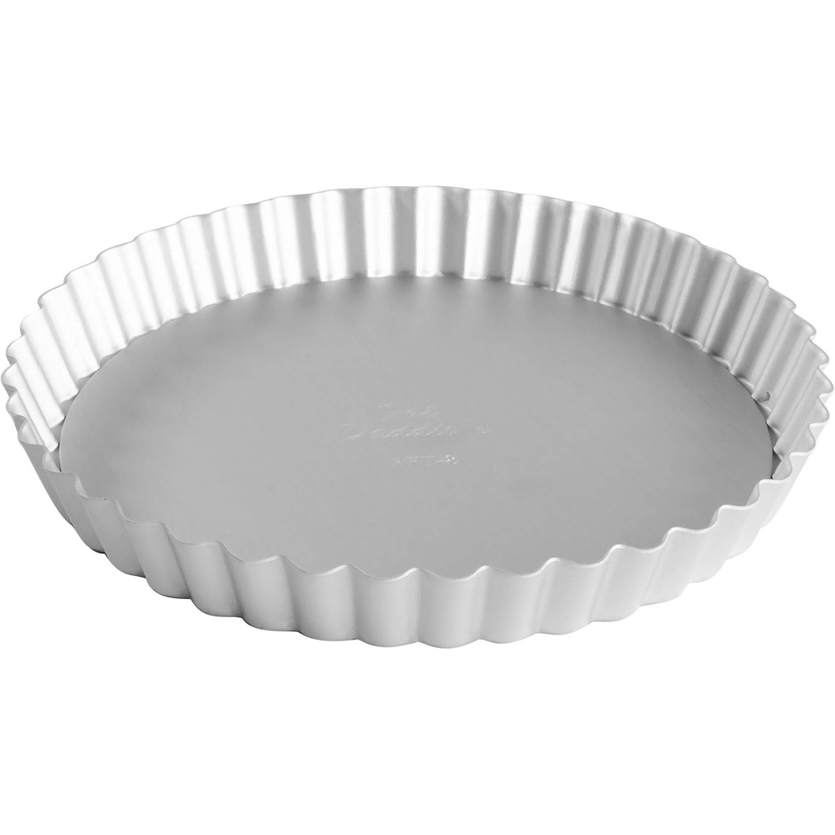 Fat Daddio's PFT-8 round fluted tart pan assembled, viewed from above at an angle showing the smooth interior and fluted walls