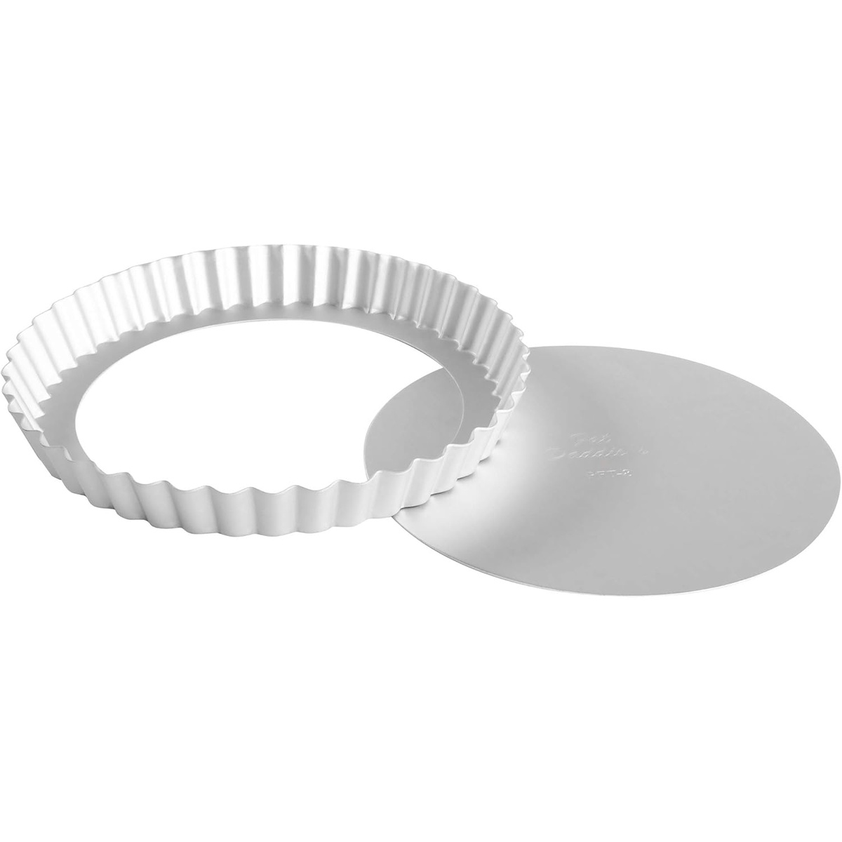 Fat Daddio's PFT-8 round fluted tart pan with removable bottom disc separated from the fluted ring