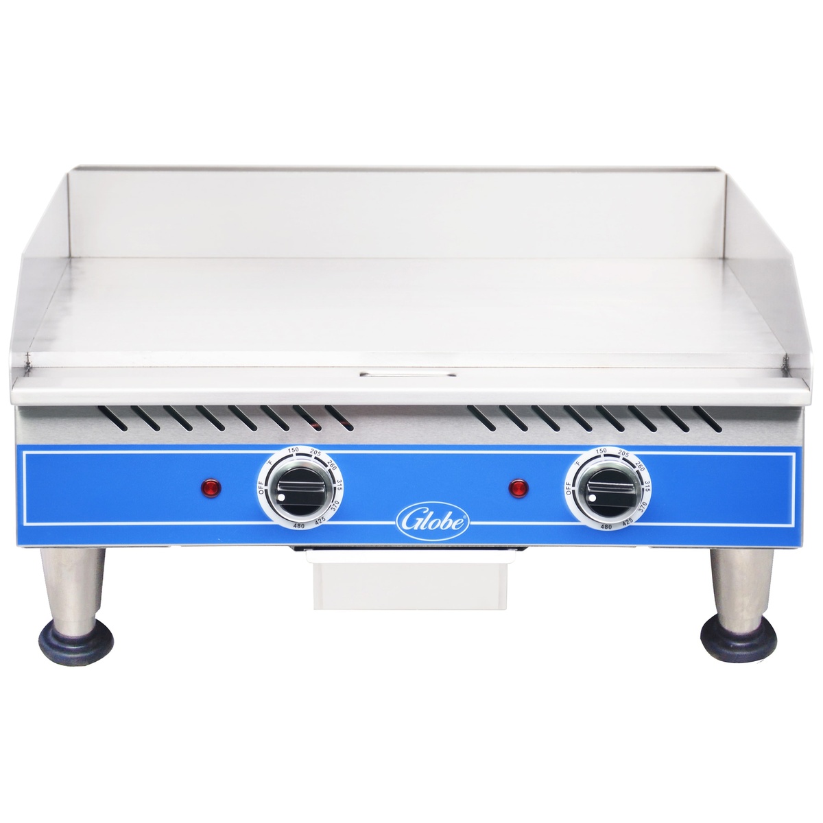 Globe PG24E 24 inch electric countertop griddle with dual thermostatic knobs and three-sided splash guard