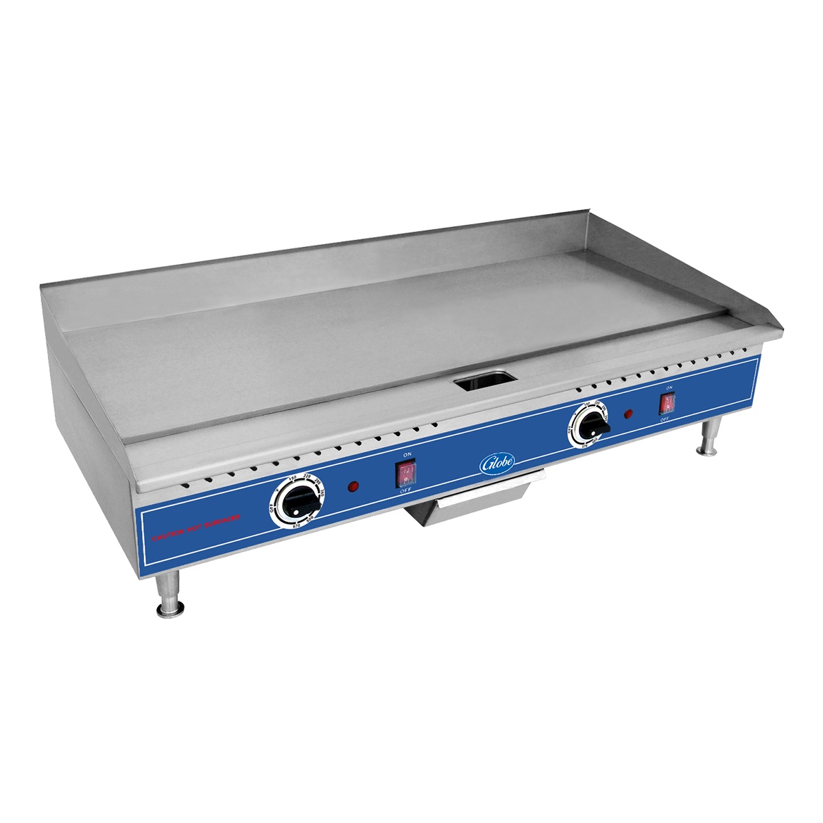 Globe PG36E 36 inch electric countertop griddle with dual control knobs and stainless steel splash guards