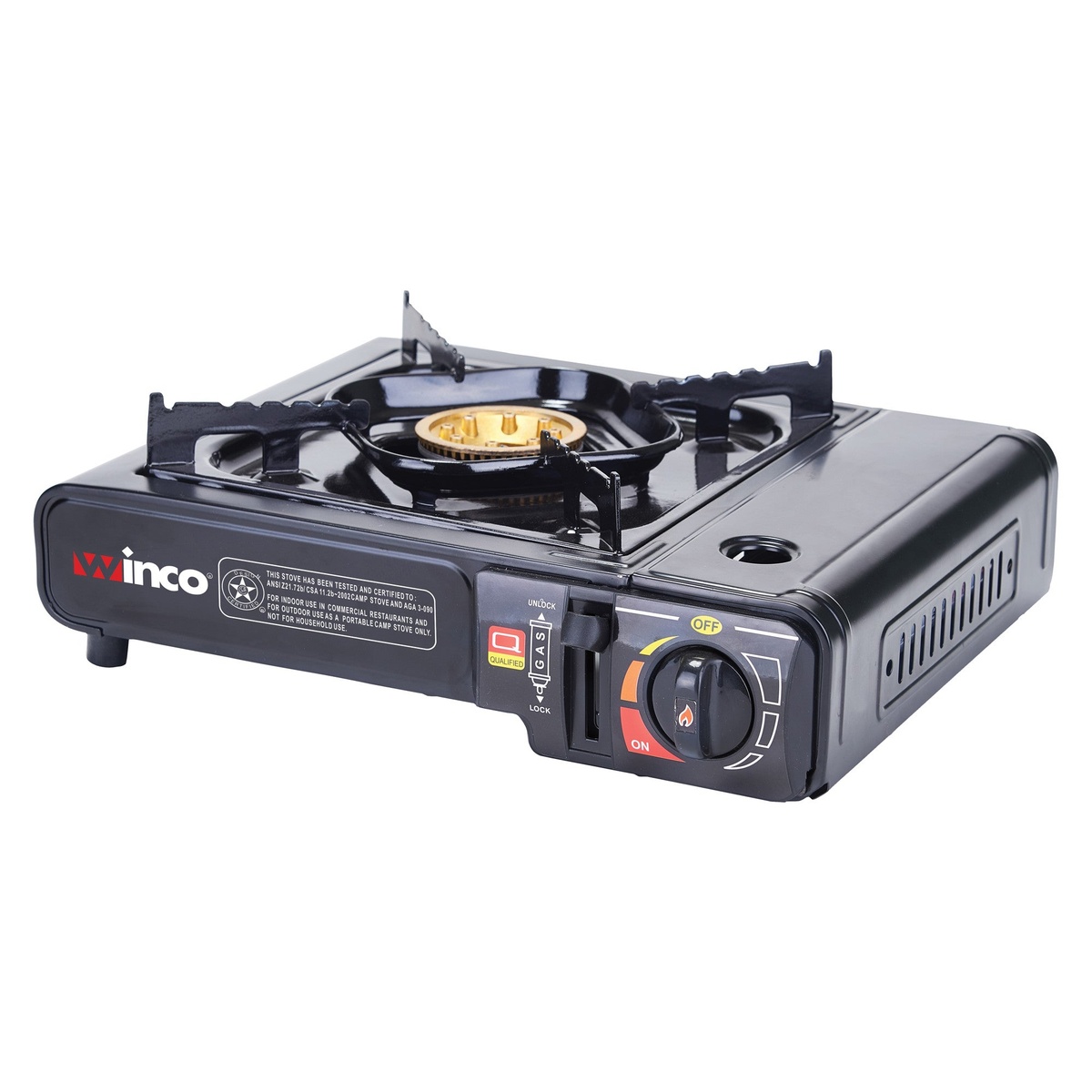 Winco PGS-1K portable butane gas stove, angled view showing brass burner, pot support grates, and control knob