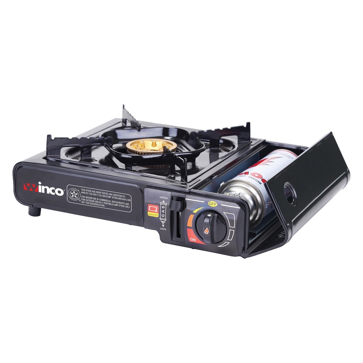 Winco PGS-1K portable stove with standard 8 oz butane canister inserted into the side fuel compartment