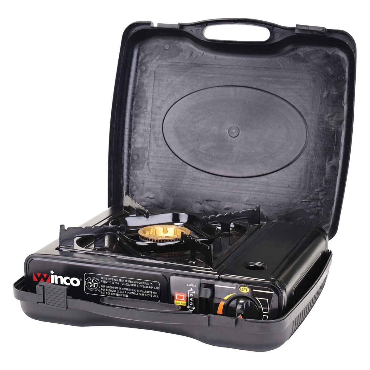 Winco PGS-1K portable gas stove displayed inside its included black impact-resistant hard plastic carrying case with handle