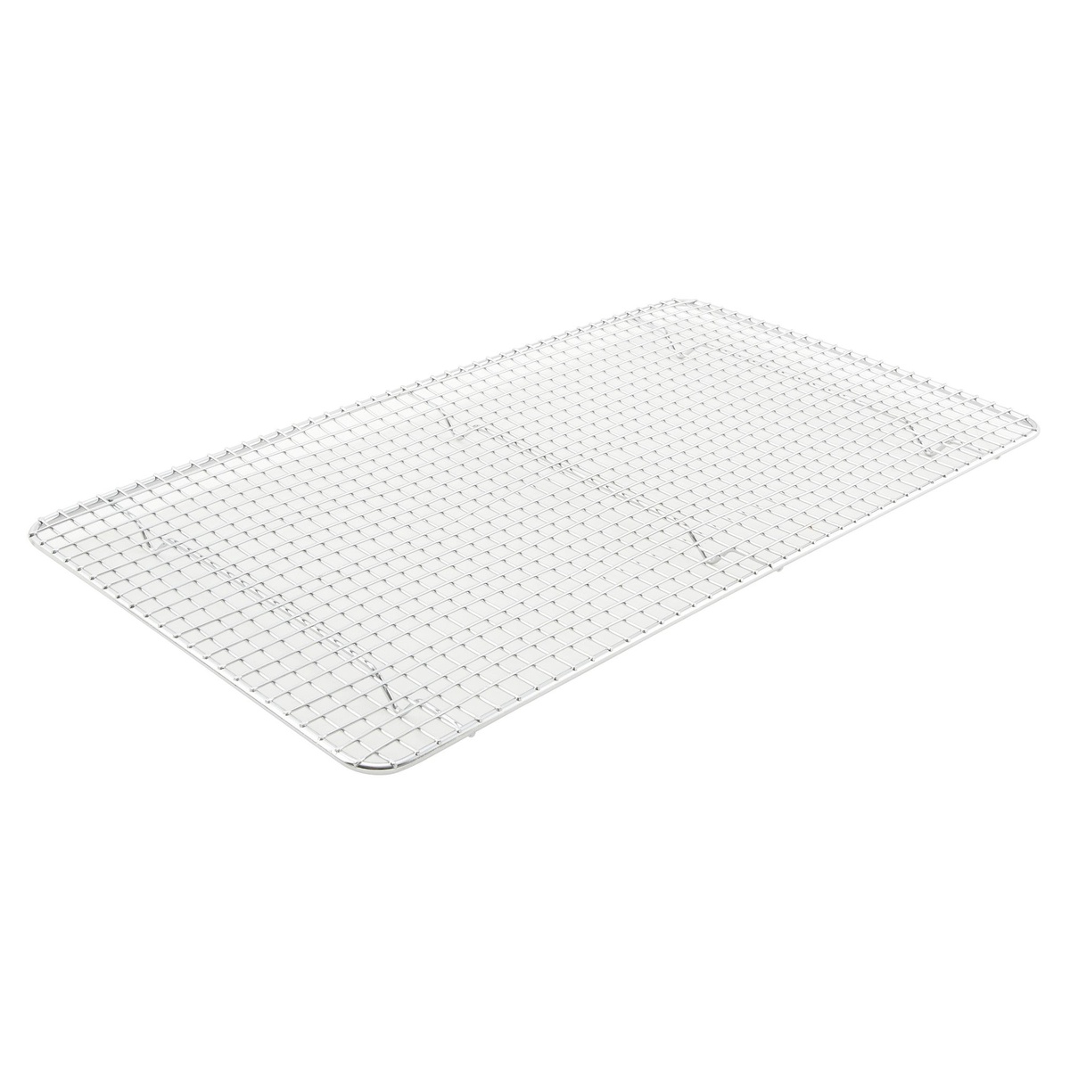 Winco PGW-1018 full-size chrome-plated wire pan grate on white background, angled view showing open wire grid and integrated feet