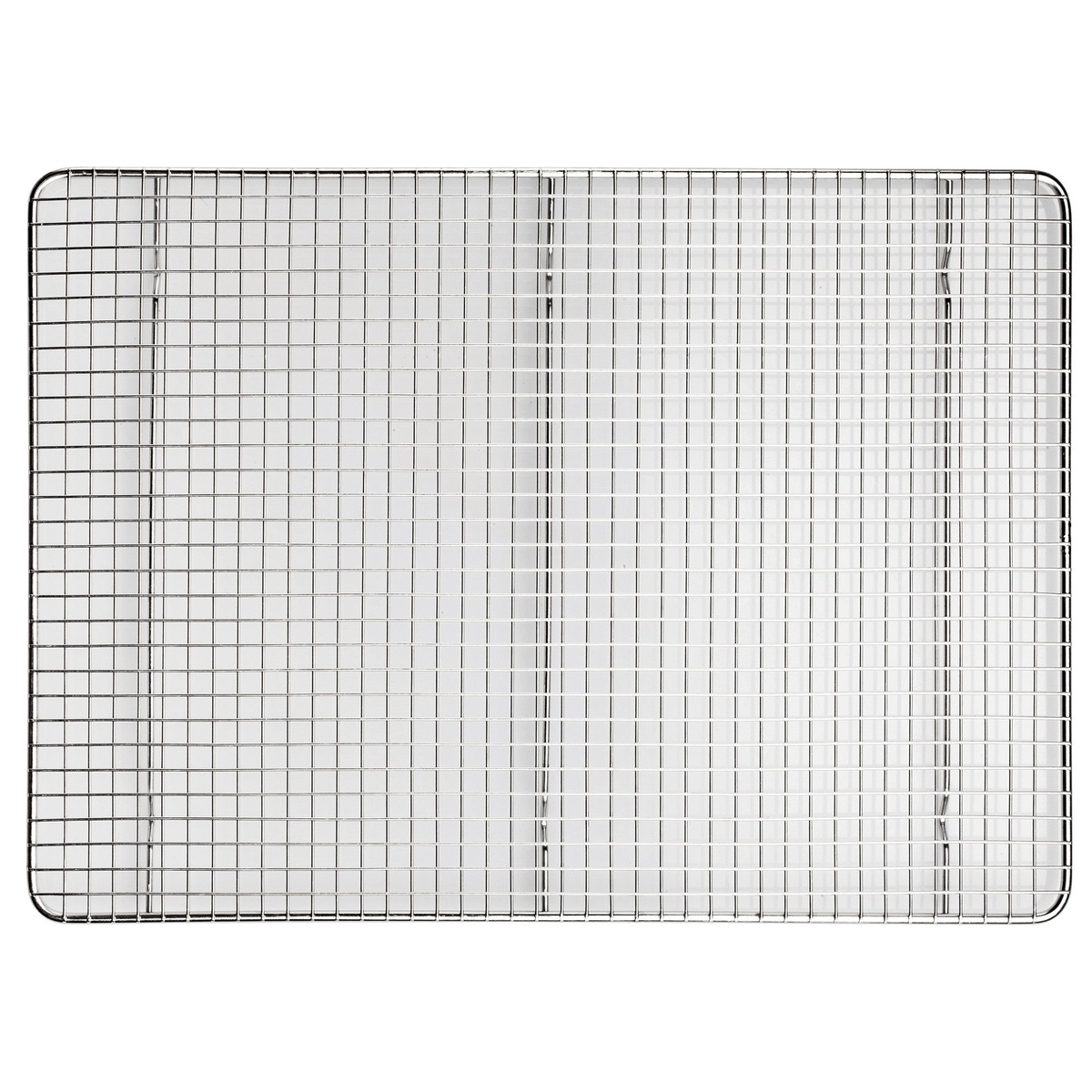 Top-down view of the Winco PGW-1420 chrome wire pan grate showing tight grid pattern and rounded frame