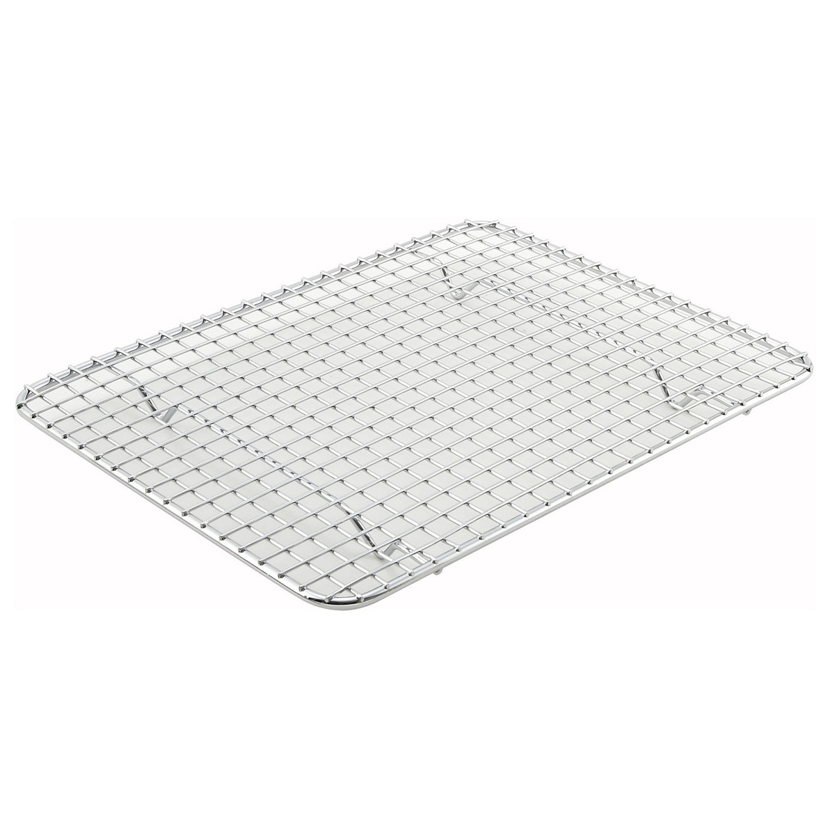 Winco PGW-810 half-size chrome-plated rectangular wire pan grate with footed legs on white background