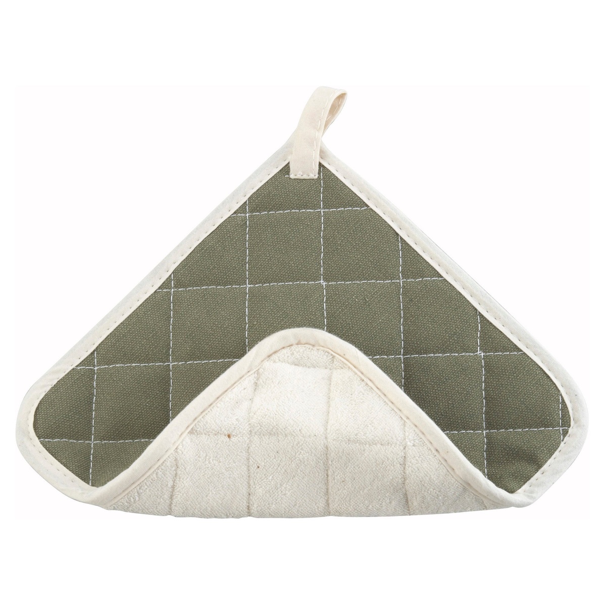 Winco PH-8B 8x8 inch green quilted cotton pot holder showing terry cloth interior and hanging loop