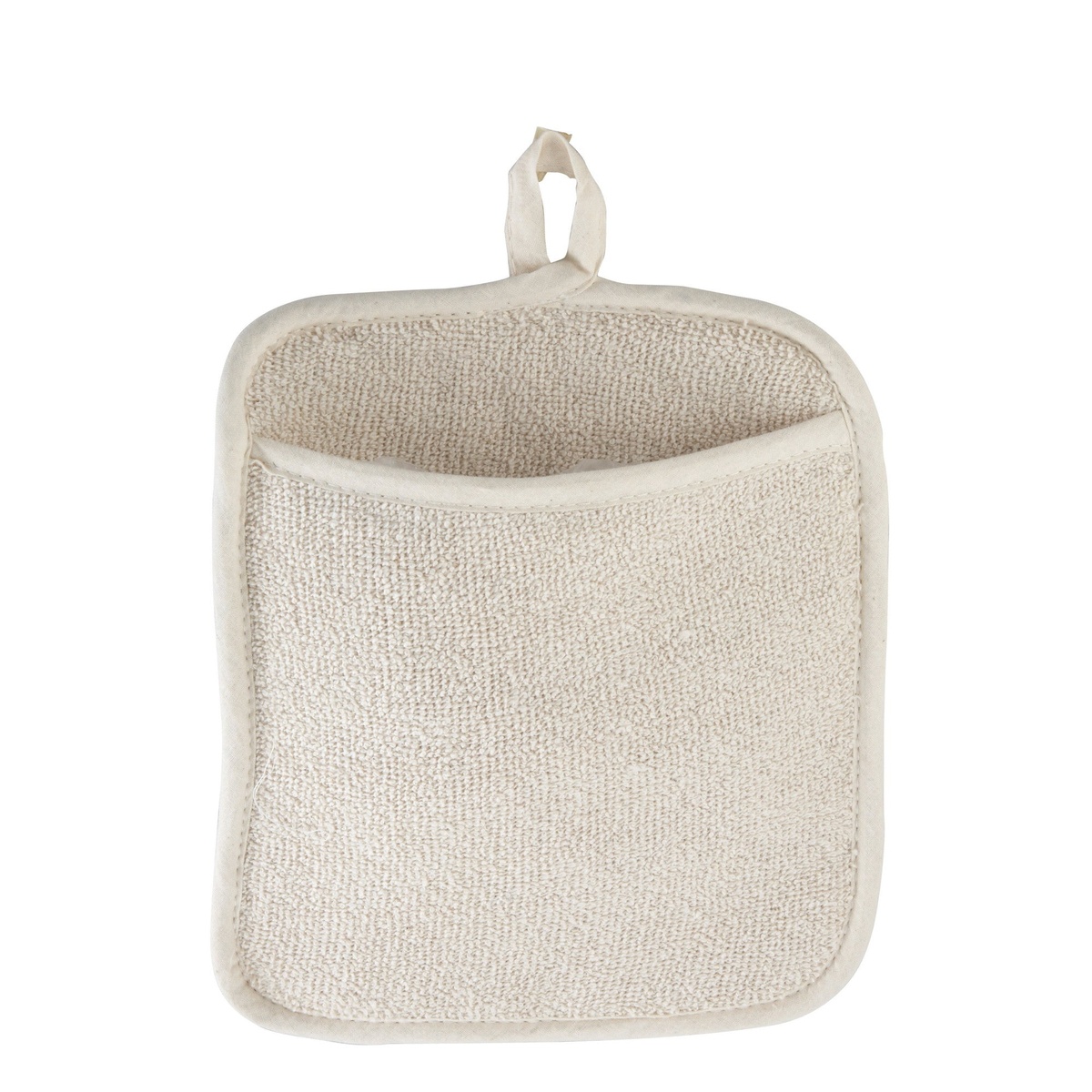 Winco PH-9W ivory terry cotton pot holder with front pocket and hanging loop, shown on white background