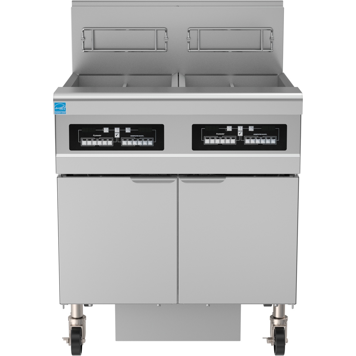Frymaster PH155 stainless steel floor model gas fryer with open frypots, CM3.5 digital controls, and casters, front view