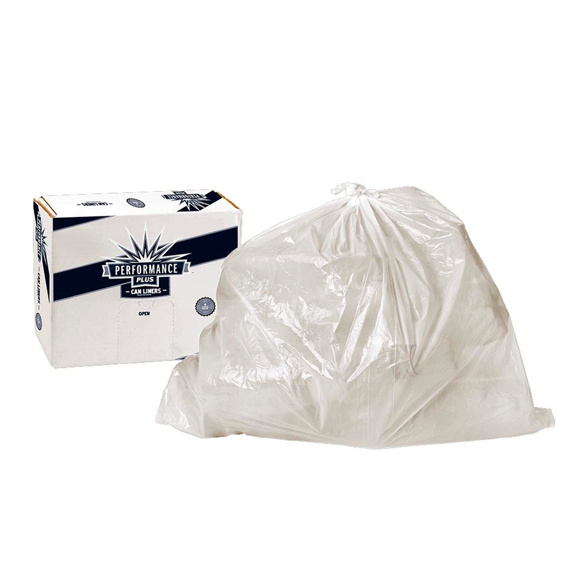 Performance Plus PH334016N clear 33-gallon high density can liner shown filled alongside its case box
