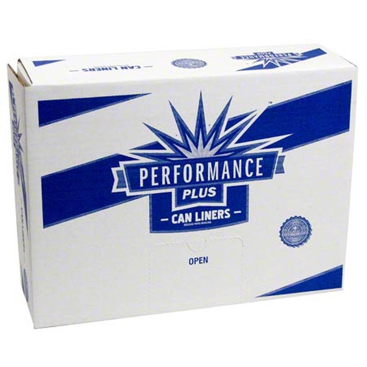 Performance Plus can liners case box with blue and white branding