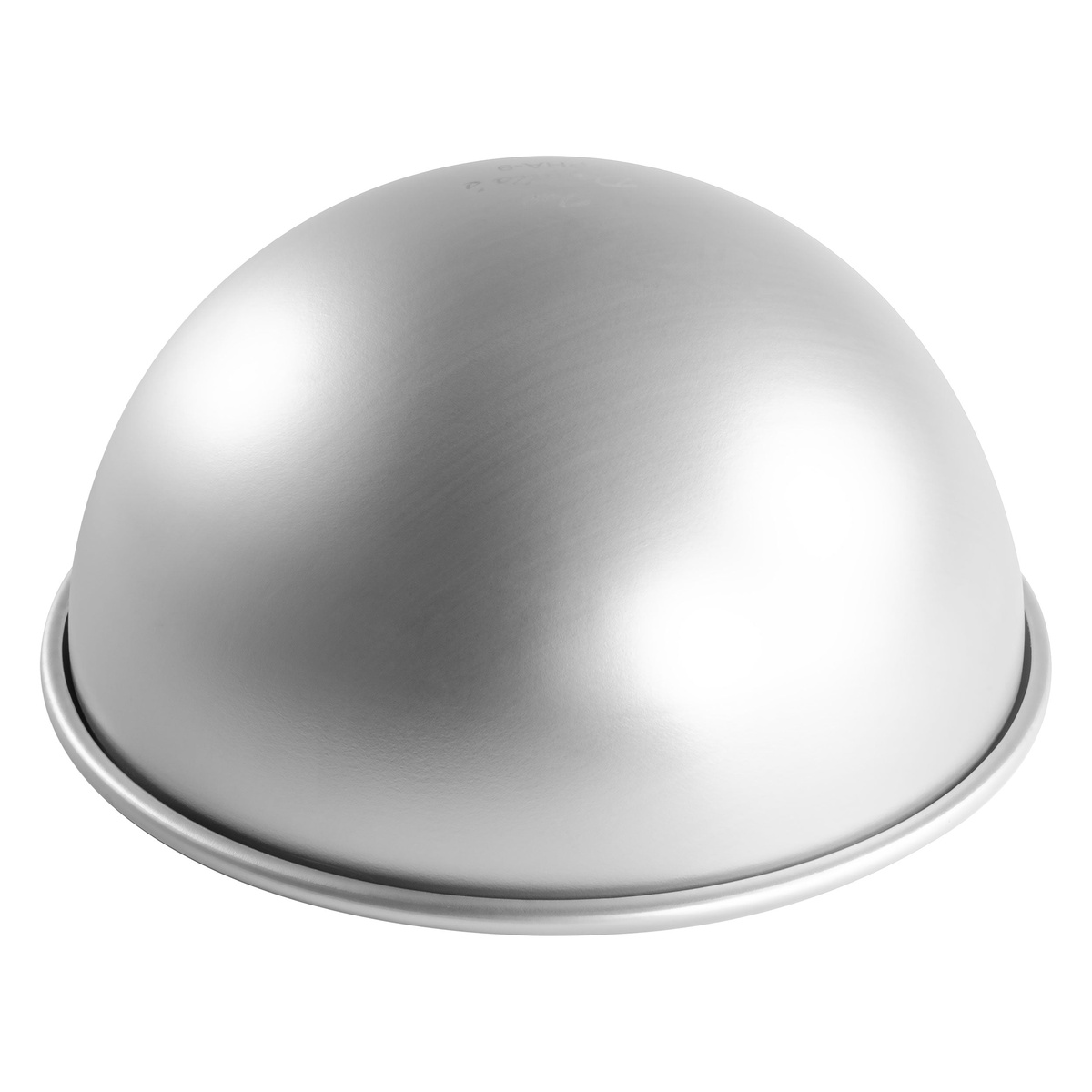 Fat Daddio's anodized aluminum hemisphere cake pan with rolled rim on white background