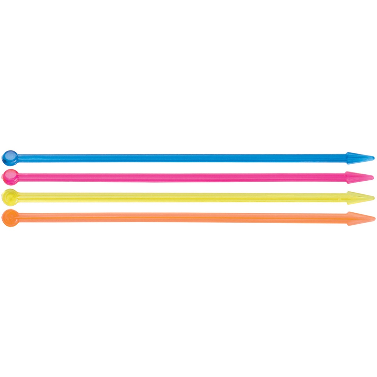 Winco PK-A35 plastic arrow picks in assorted colors: blue, pink, yellow, and orange