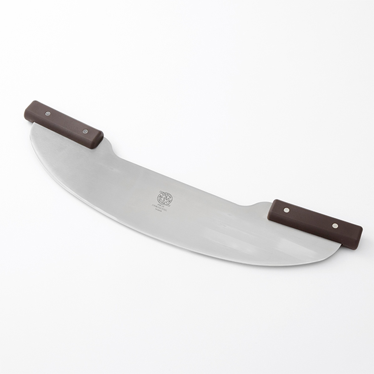 American Metalcraft PKR20 20-inch stainless steel pizza rocker knife with dark brown nylon double handles