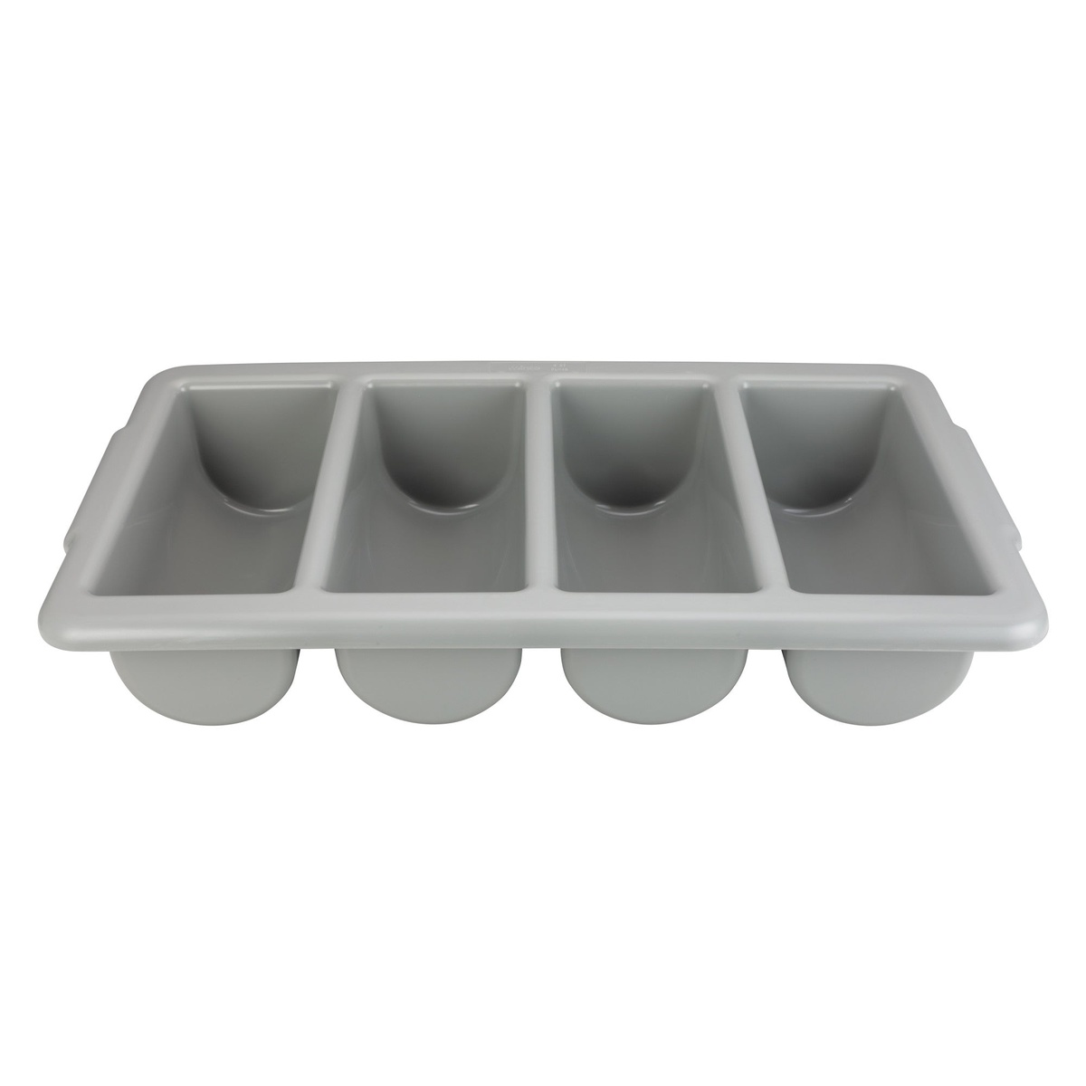 Winco PL-4B gray 4-compartment plastic cutlery bin viewed from above at an angle