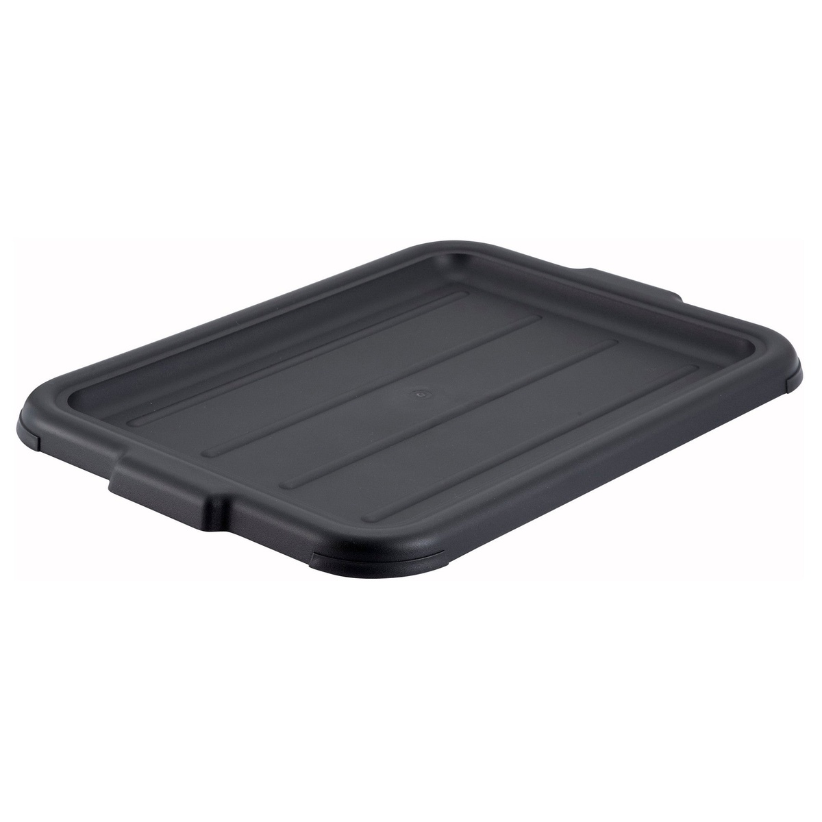 Winco PL-57K black polypropylene bus box cover, angled top view showing reinforced edges and recessed top surface