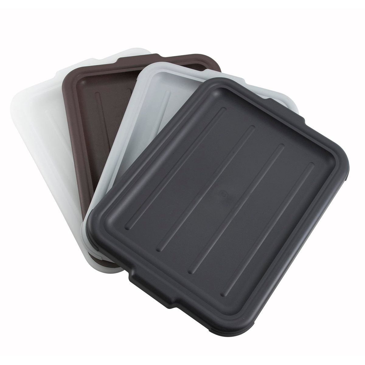 Winco bus box covers fanned out in multiple colors including black, gray, brown, and white on a white background