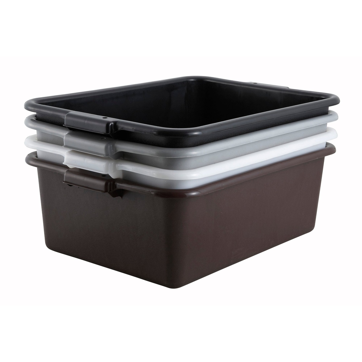 Four Winco polypropylene bus tubs stacked together in brown, white, gray, and black colors