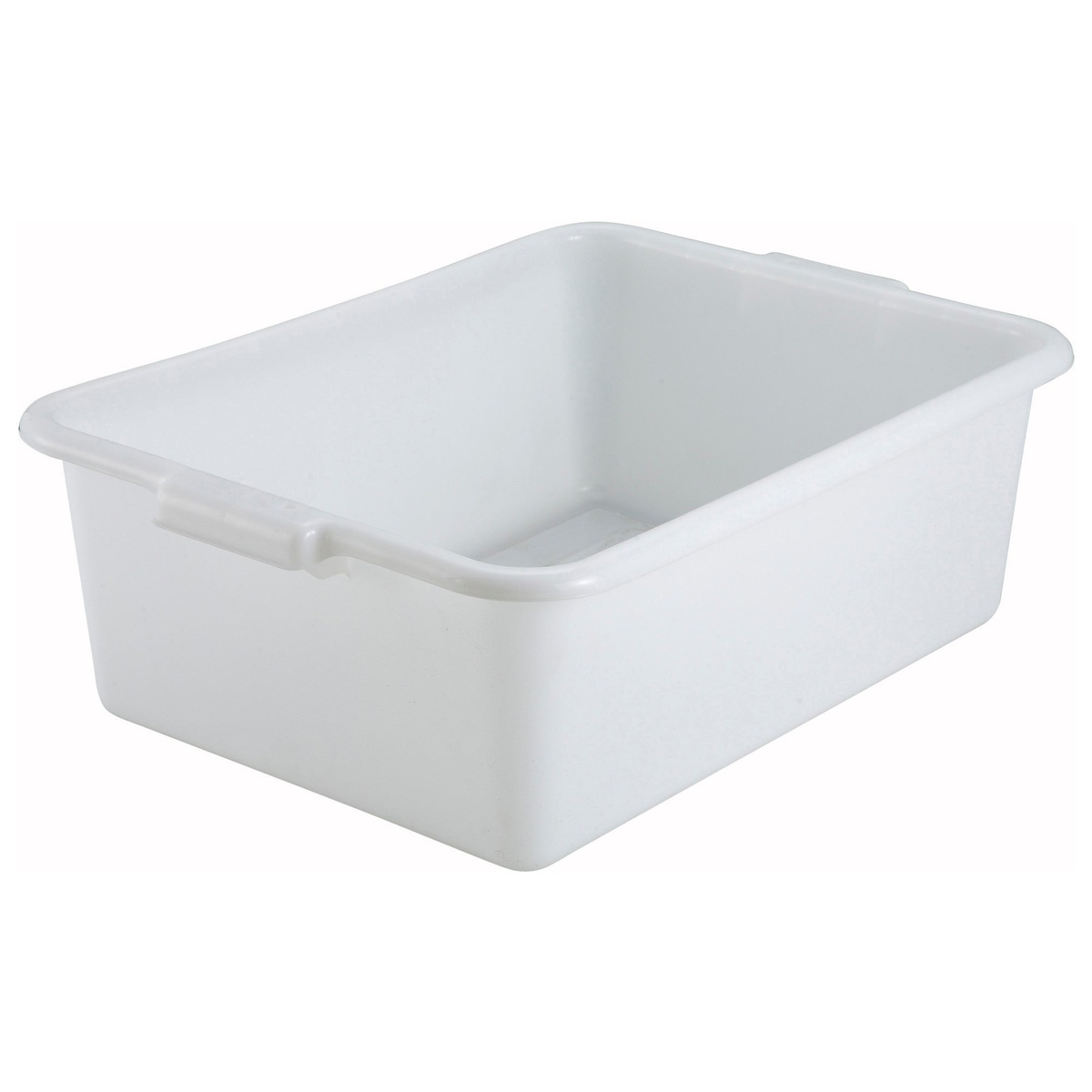 Winco PL-7W white polypropylene bus tub with molded side handles, shown from a three-quarter angle