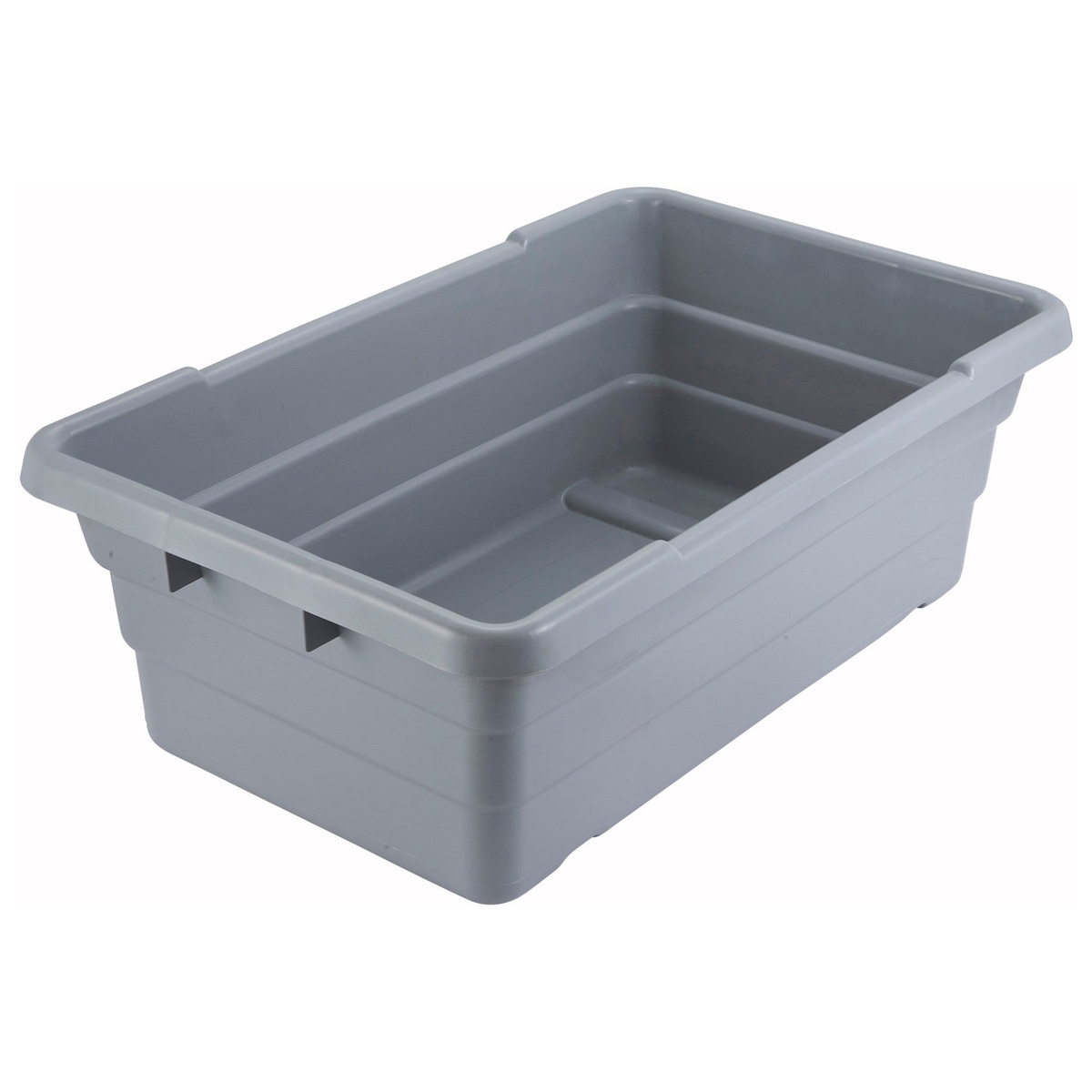 Winco PL-8 gray polypropylene bus tub showing reinforced ribbed sides and molded-in side handles