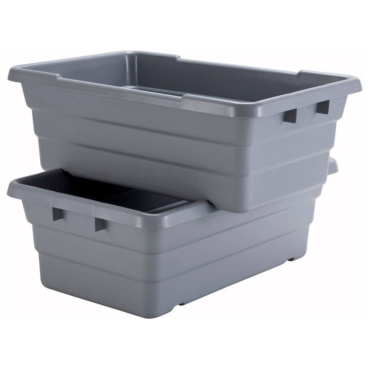 Two Winco PL-8 gray bus tubs cross-stacked without lids showing stable interlocking positioning