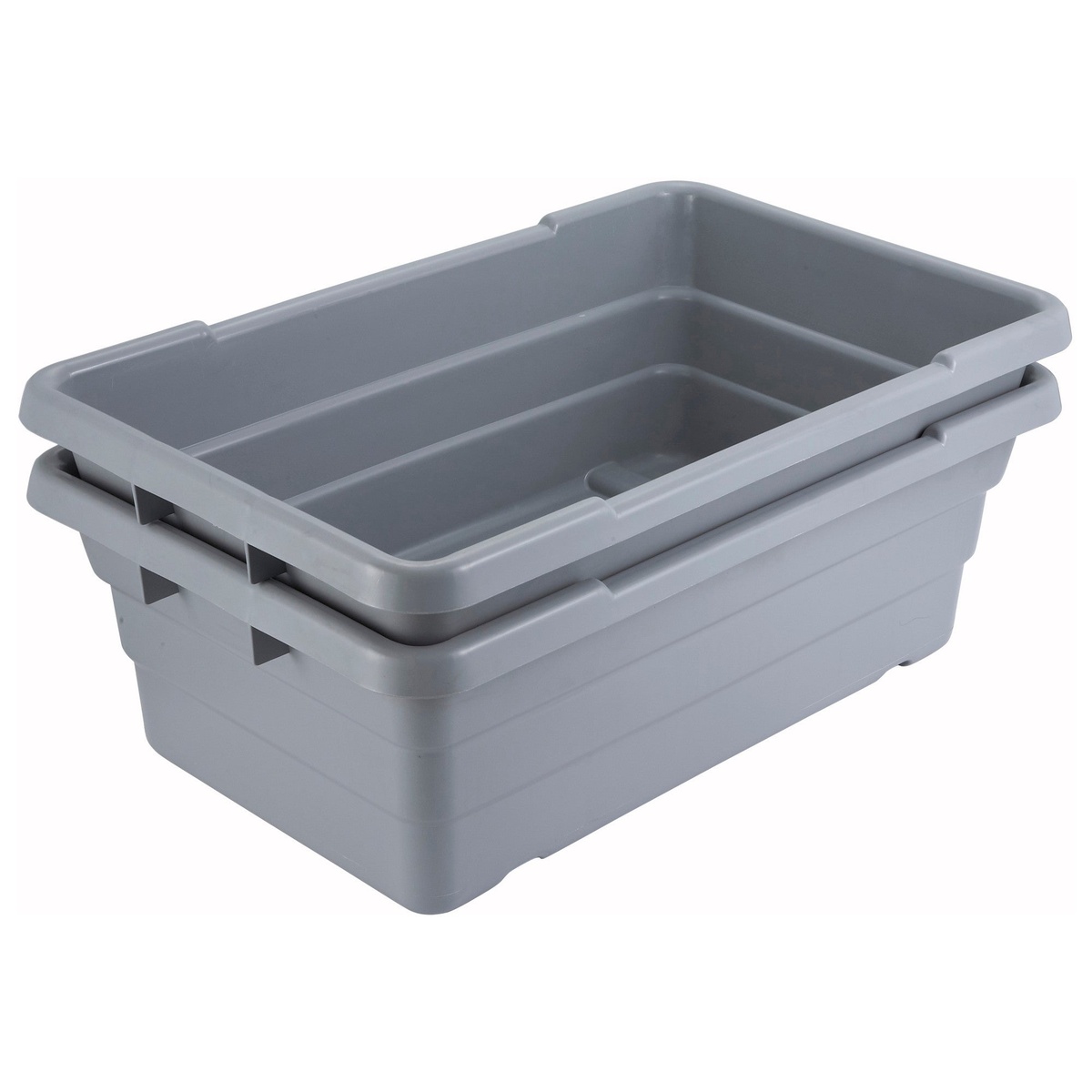 Two Winco PL-8 gray bus tubs nesting inside one another demonstrating compact storage