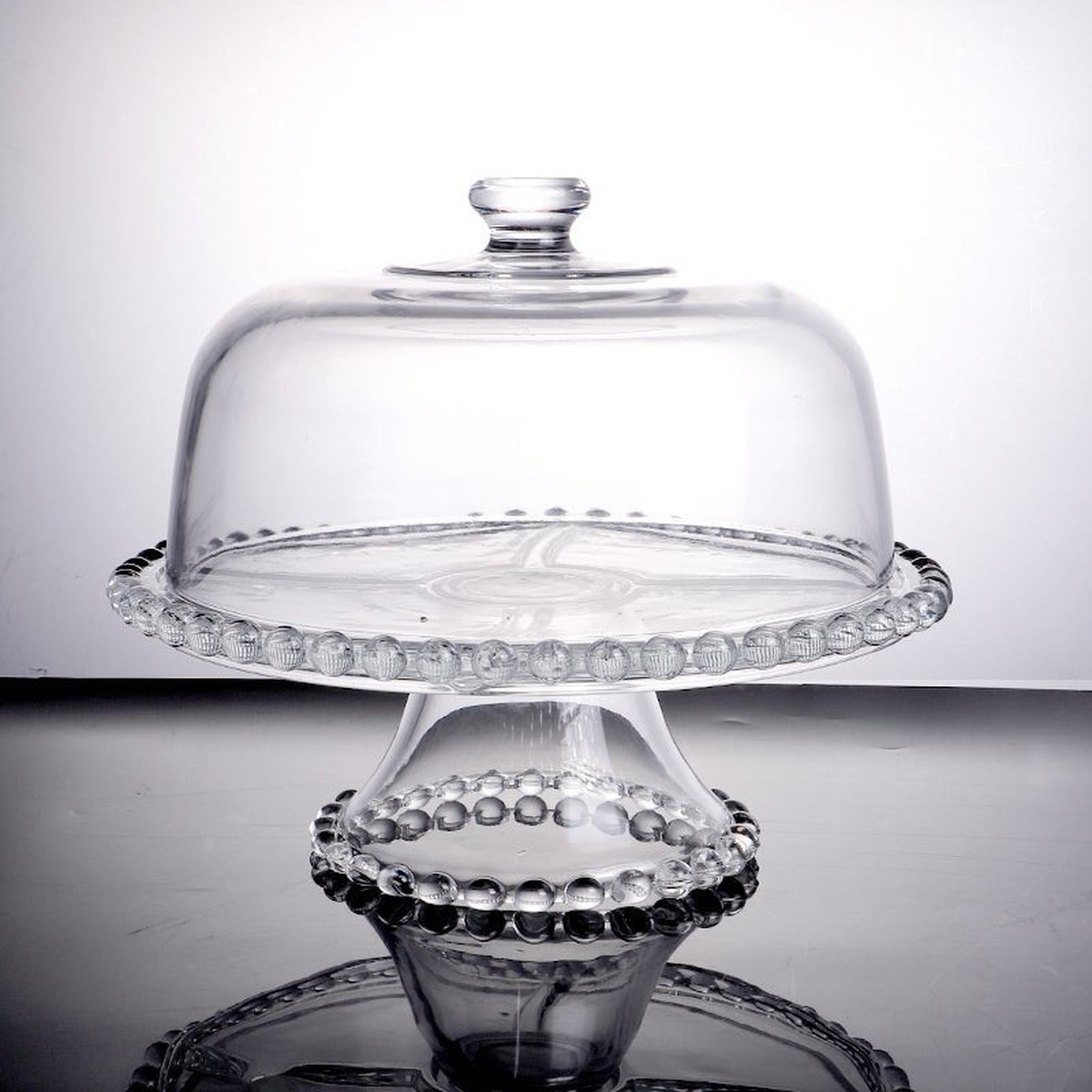 Enhanced Glassware PL-9212ZD clear glass footed cake stand with beaded rim and clear glass dome cover with knob handle