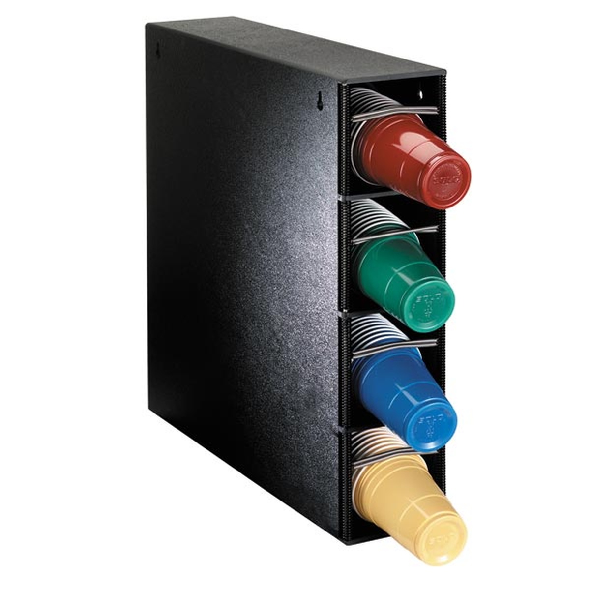 Dispense-Rite PL-CT-4BT black polystyrene 4-section vertical cup dispensing cabinet shown with four different-sized cups loaded