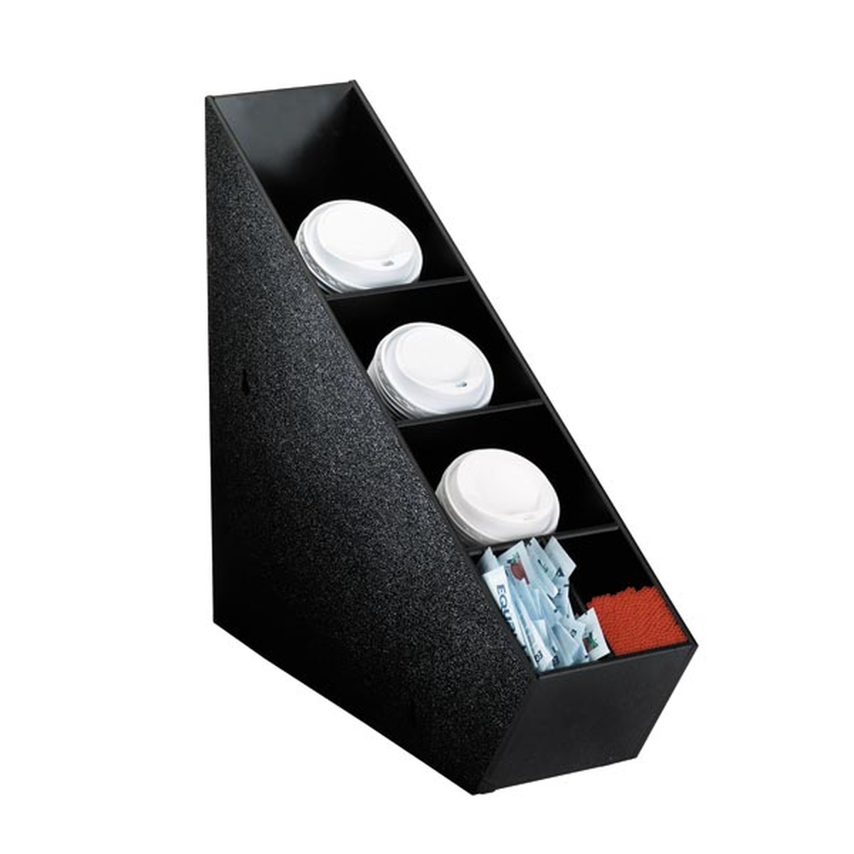 Dispense-Rite PL-CT-LID black polystyrene countertop lid and condiment organizer with tiered lid slots and front condiment compartment