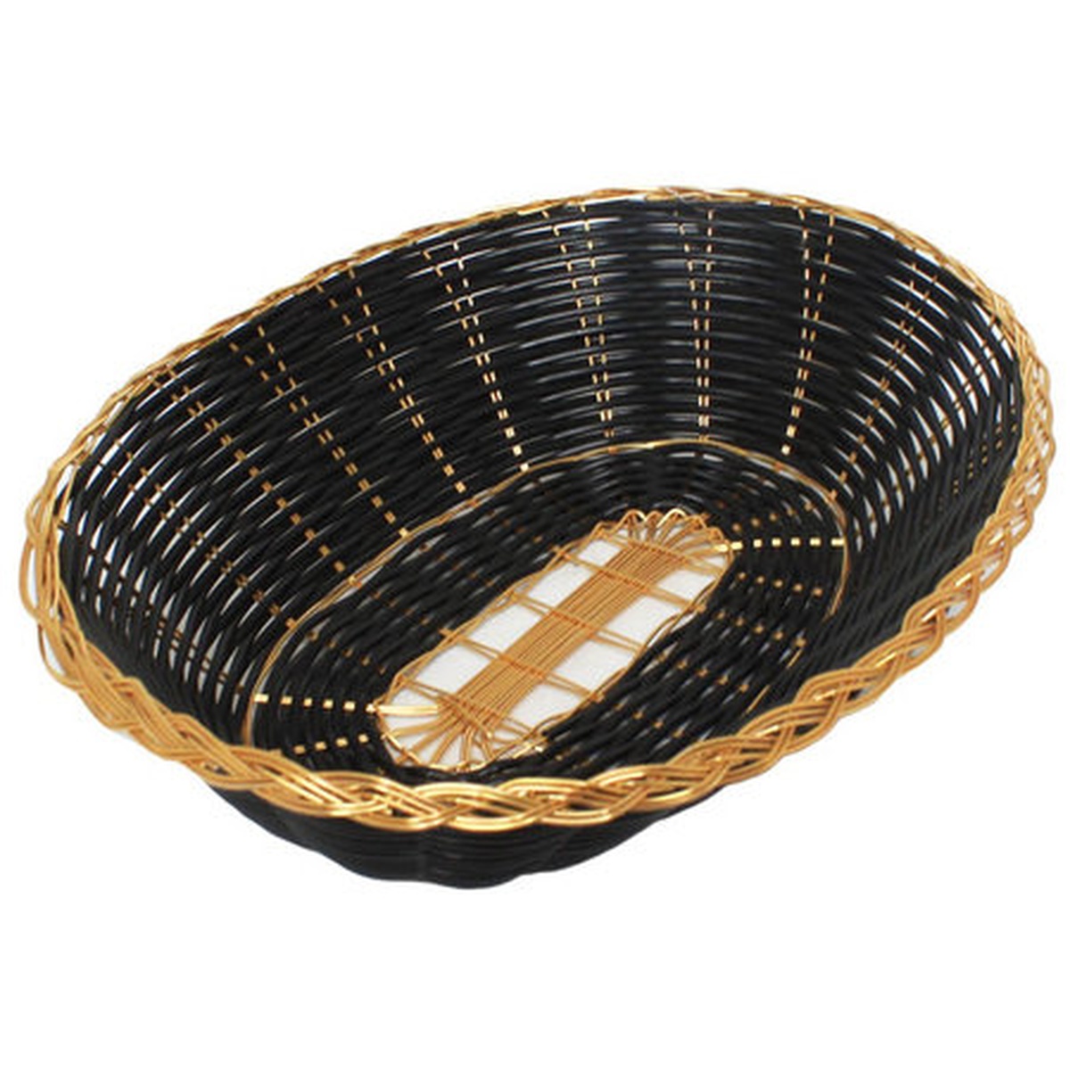 Thunder Group PLBB900G oval poly woven serving basket in black with gold trim, viewed from above at an angle