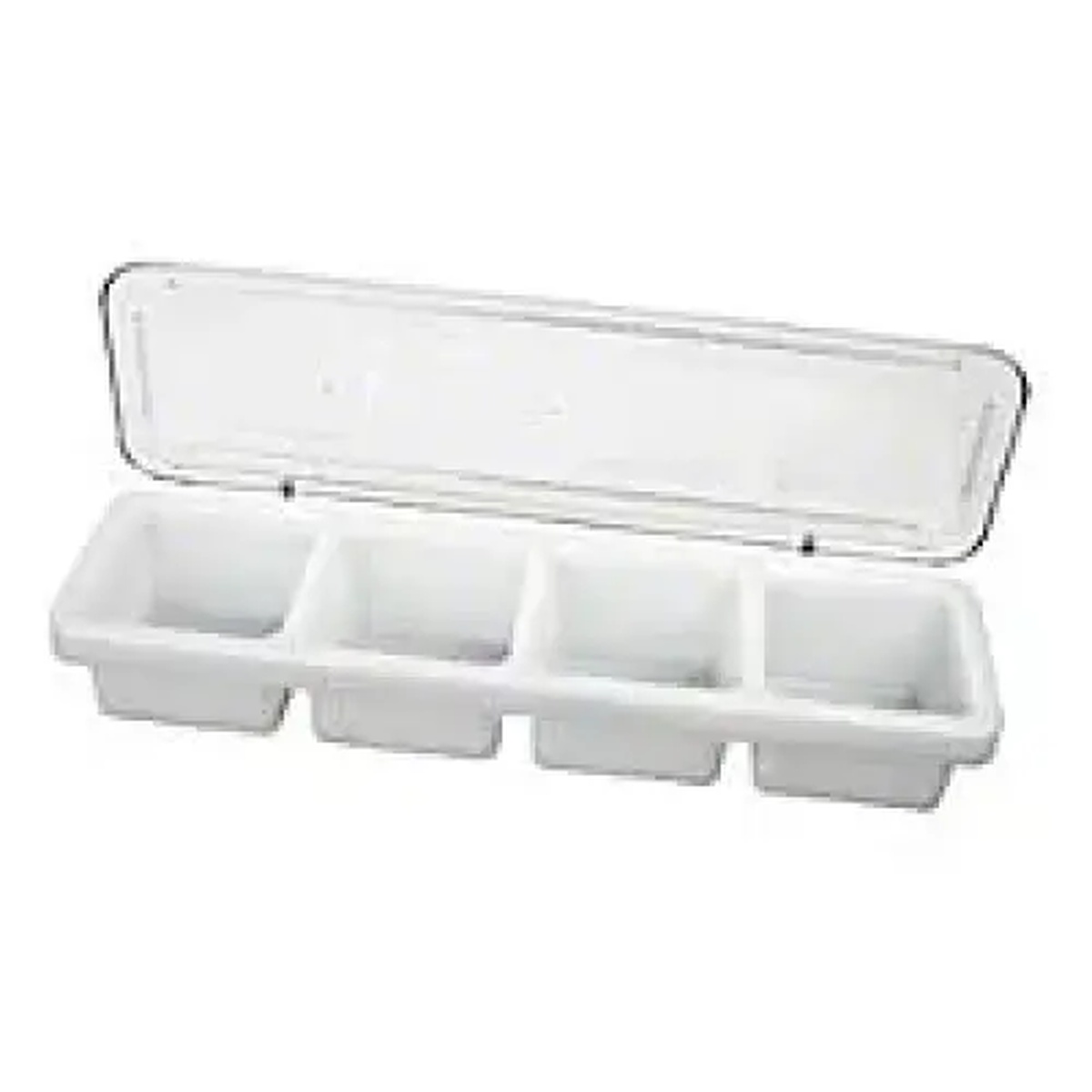 Thunder Group PLBC004P white 4-compartment bar caddy with clear flip-up cover, open view showing four equal sections