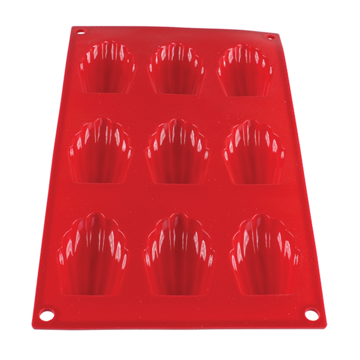 Red silicone madeleine baking mold with 9 shell-shaped cavities arranged in a 3x3 grid, top-down view