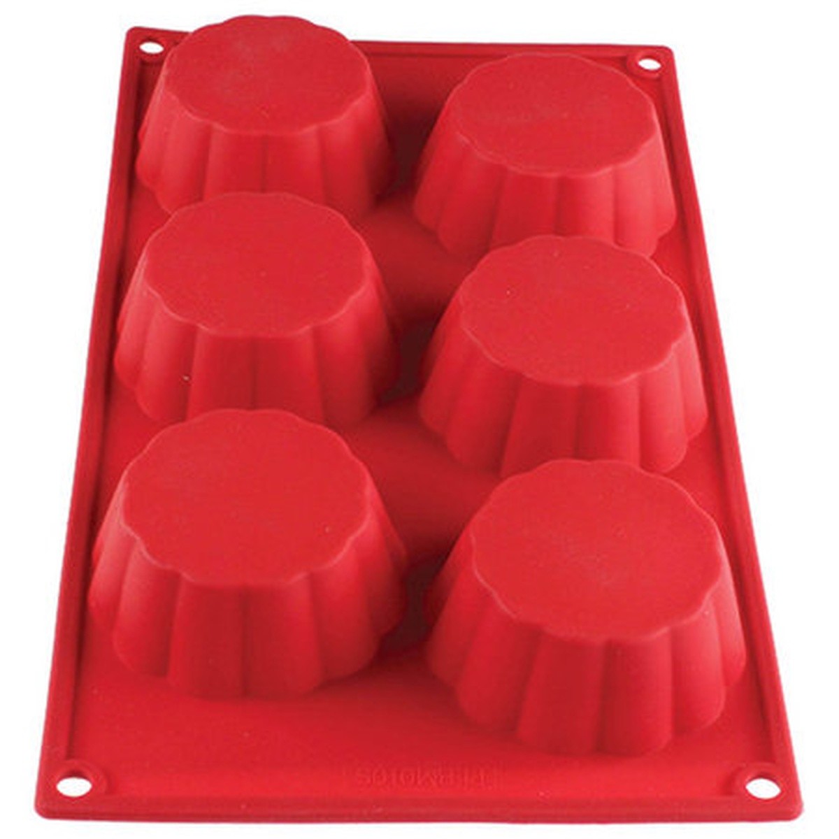 Thunder Group PLBM010S red silicone 6-cavity brioche baking mold, angled overhead view showing all compartments