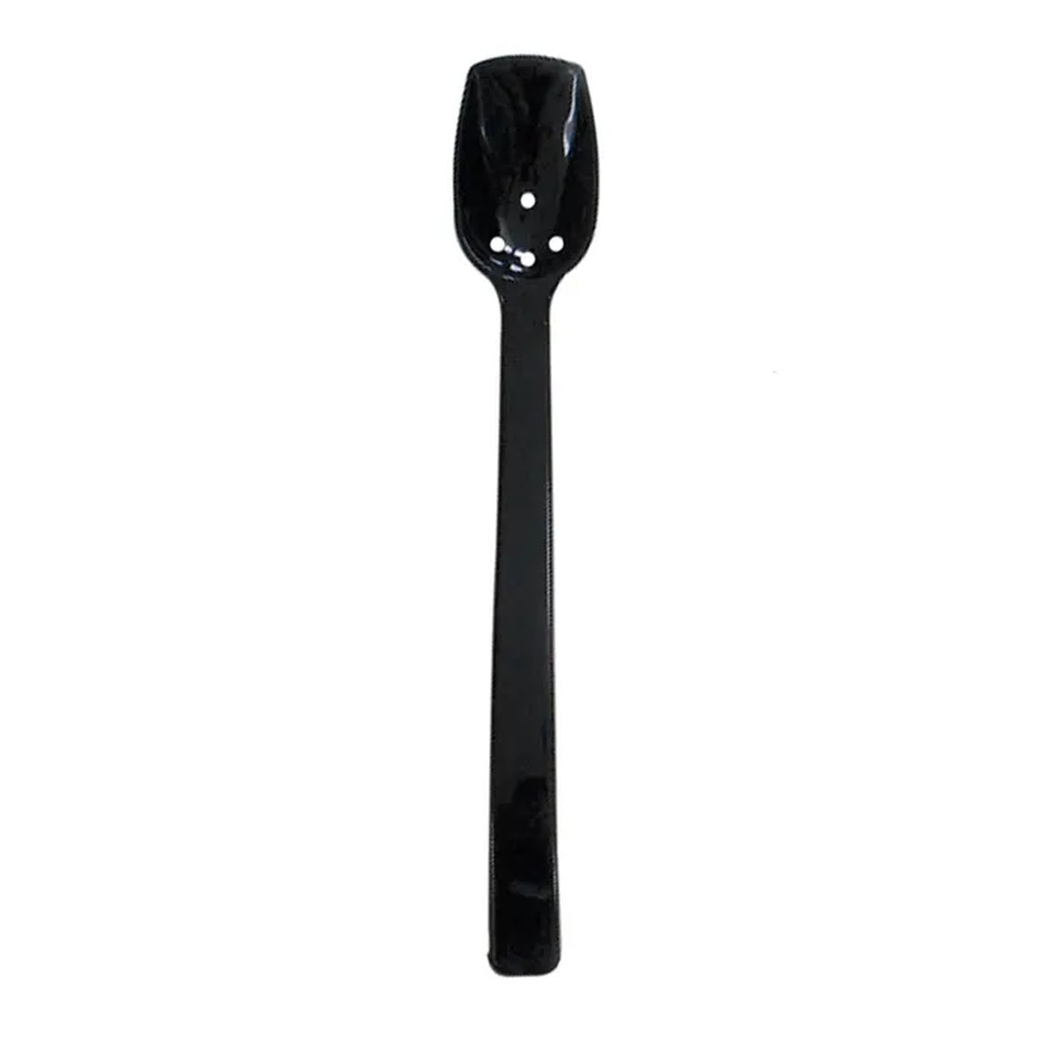 Thunder Group PLBS110BK black polycarbonate perforated 10-inch buffet spoon, full length view