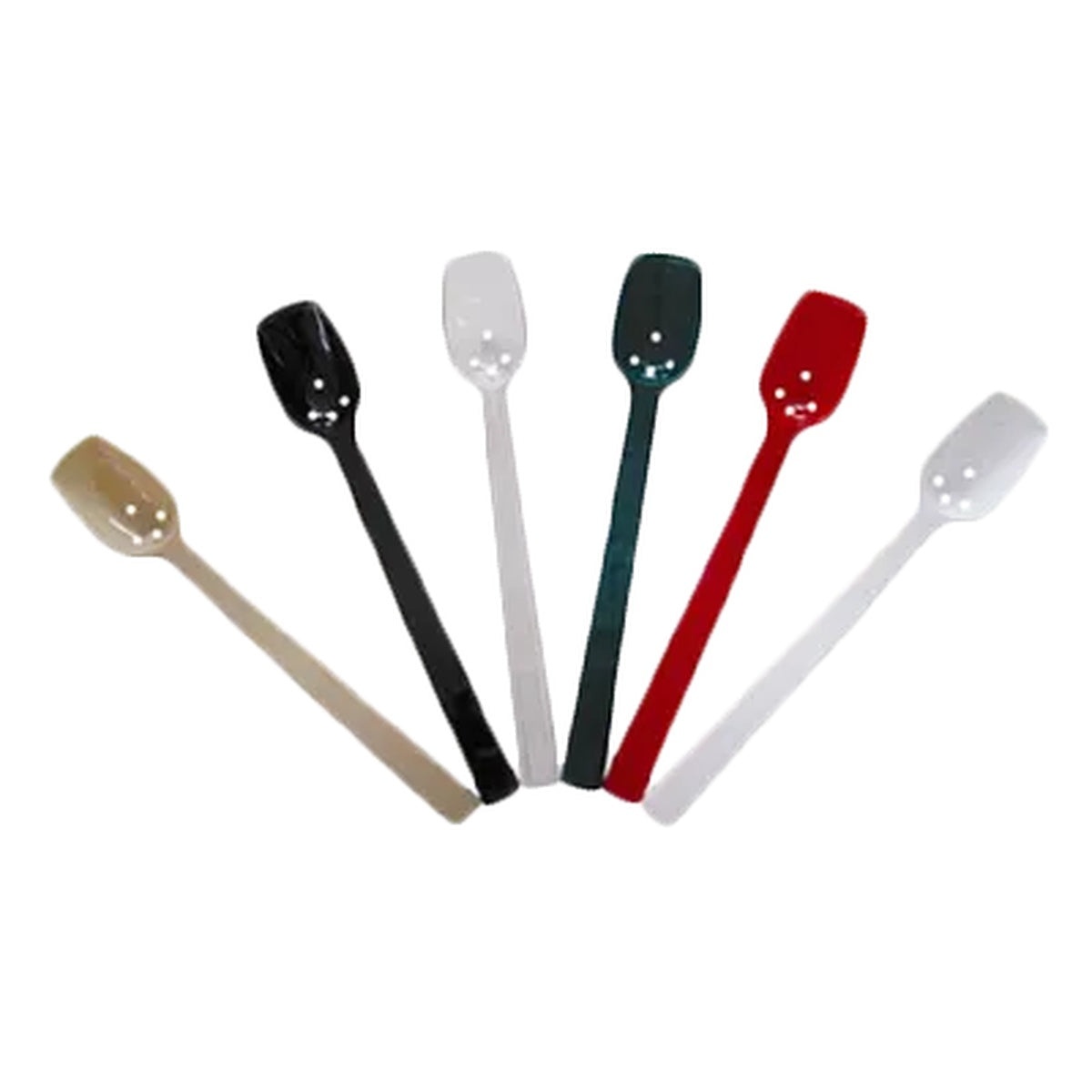 Six Thunder Group perforated buffet spoons in different colors: beige, black, white, green, red, and white