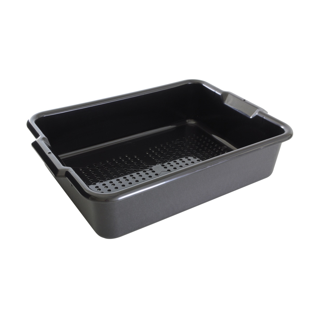 Thunder Group PLBT505BPF black perforated polypropylene bus box, angled view showing perforated bottom and integrated handles