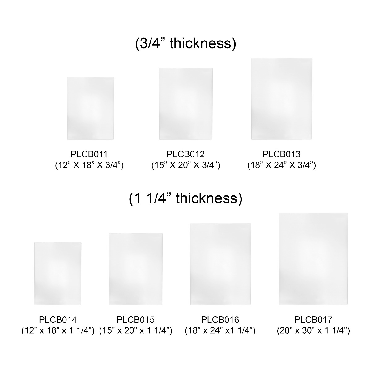 Thunder Group heavy-duty cutting board size comparison chart showing PLCB011 through PLCB017 in 3/4-inch and 1-1/4-inch thickness options