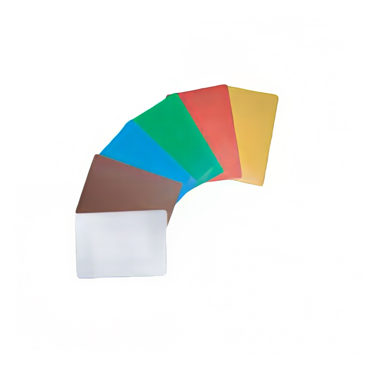 Thunder Group PLCB Series polyethylene cutting boards fanned out showing white, brown, blue, green, red, and yellow color options